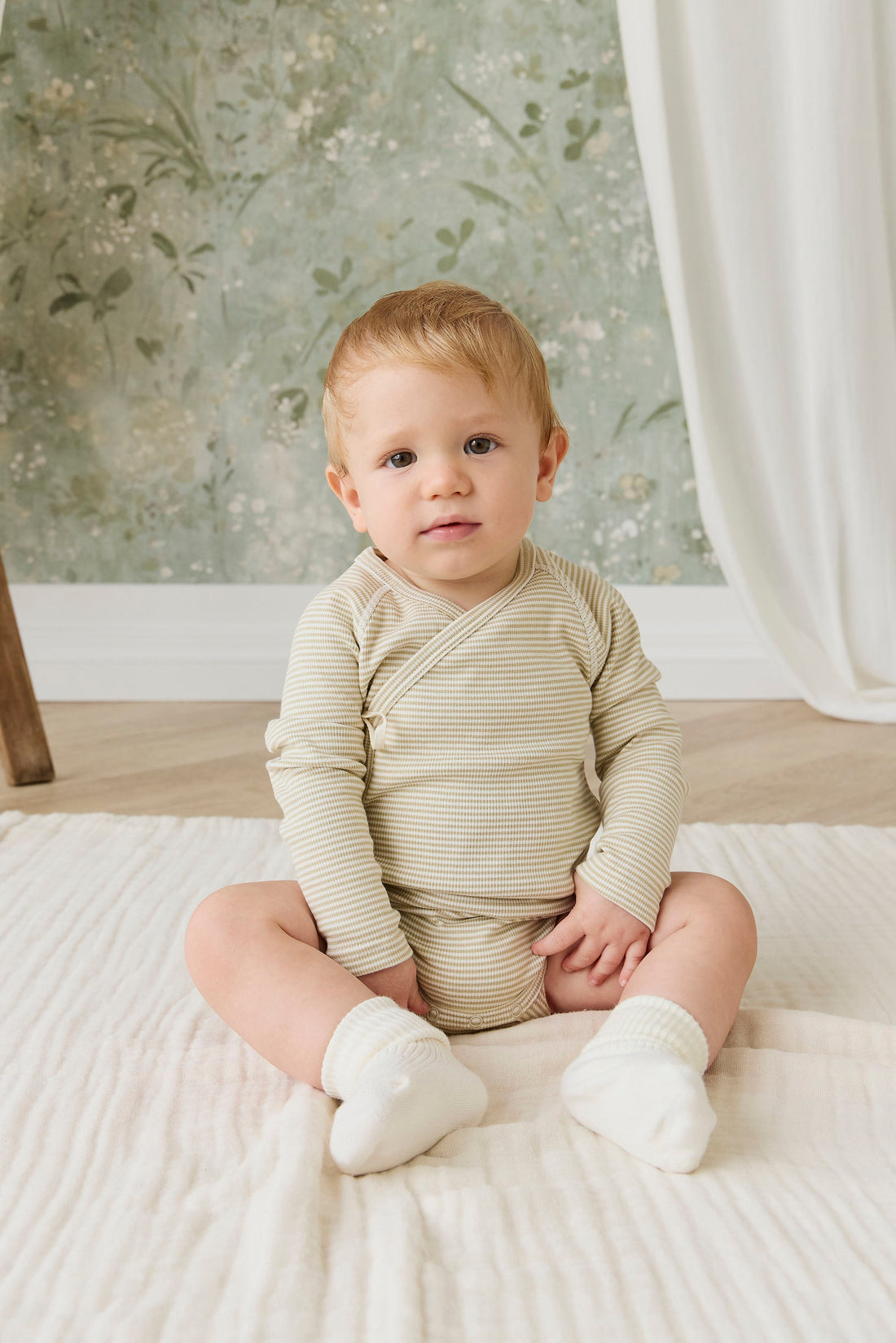 Organic Cotton Fine Rib Micah Long Sleeve Playsuit - Petite Stripe Hay/Cloud Childrens Playsuit from Jamie Kay USA