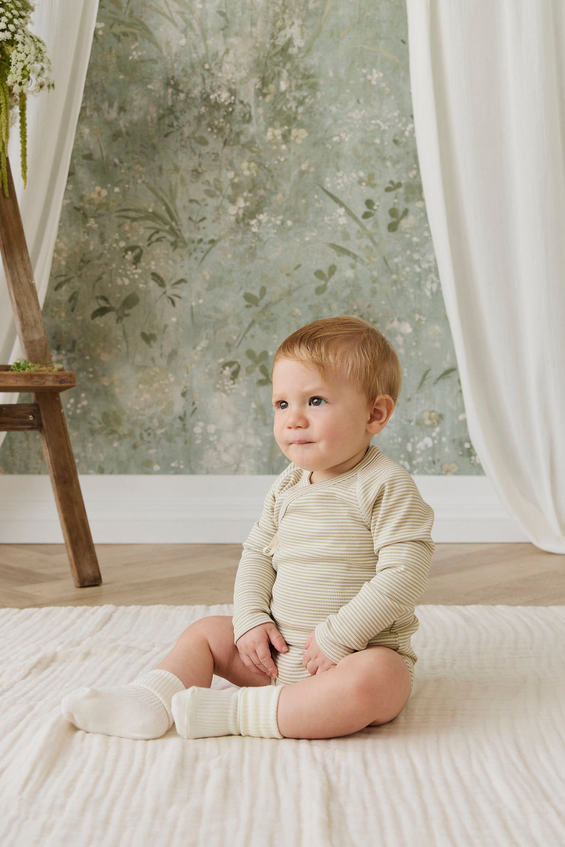 Organic Cotton Fine Rib Micah Long Sleeve Playsuit - Petite Stripe Hay/Cloud Childrens Playsuit from Jamie Kay USA