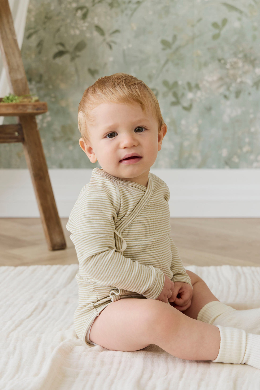Organic Cotton Fine Rib Micah Long Sleeve Playsuit - Petite Stripe Hay/Cloud Childrens Playsuit from Jamie Kay USA