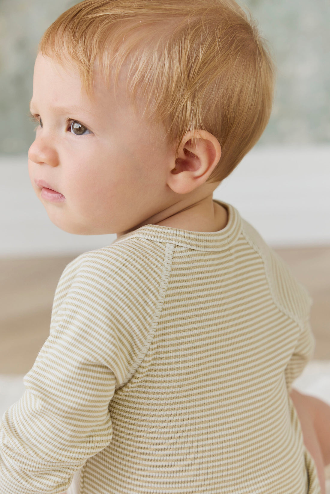 Organic Cotton Fine Rib Micah Long Sleeve Playsuit - Petite Stripe Hay/Cloud Childrens Playsuit from Jamie Kay USA