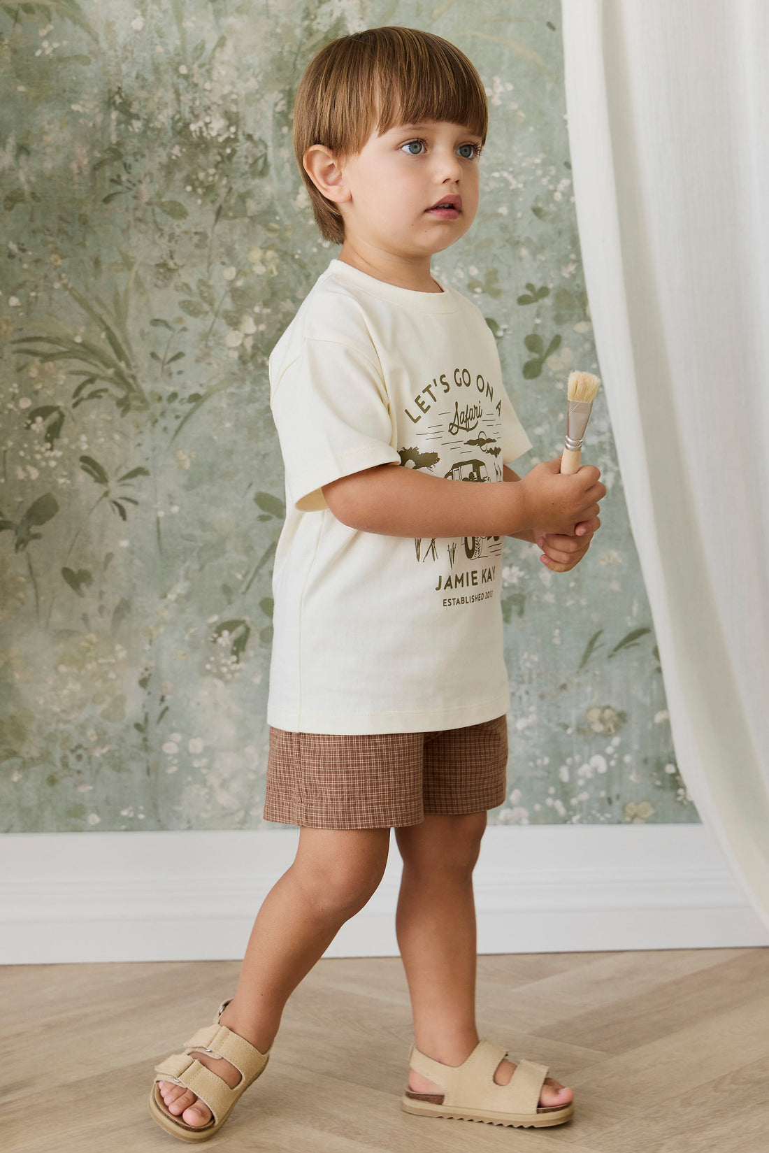Organic Cotton Bjorn Tee - Parchment Safari Truck Childrens Top from Jamie Kay USA