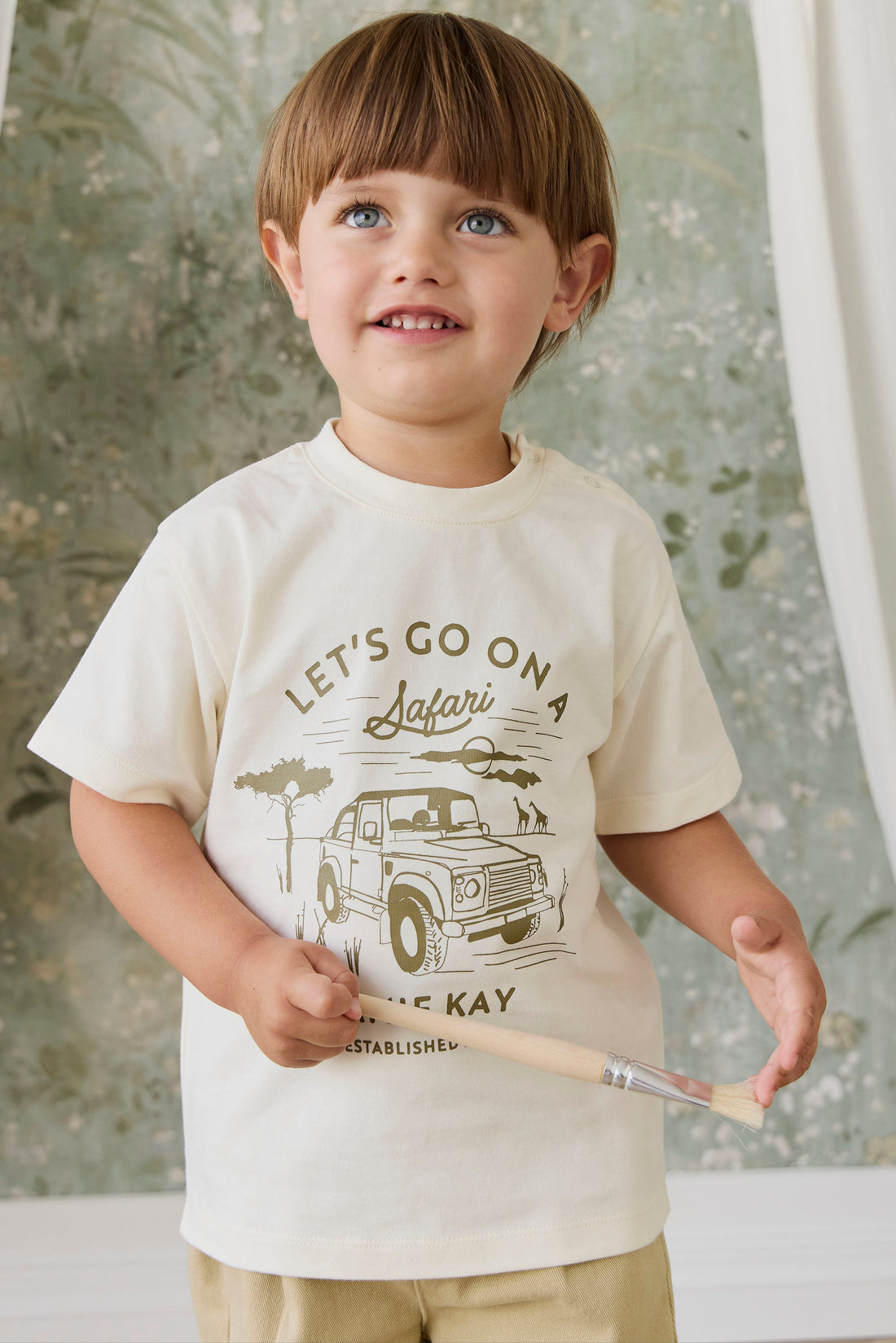 Organic Cotton Bjorn Tee - Parchment Safari Truck Childrens Top from Jamie Kay USA