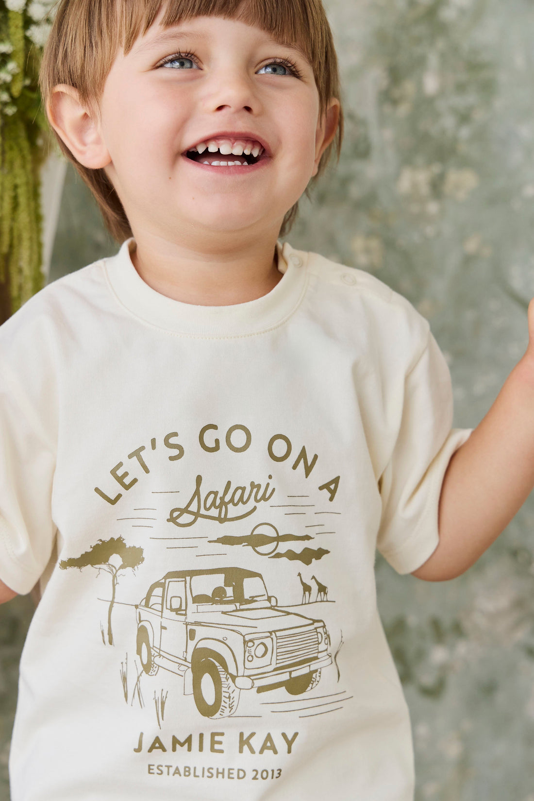 Organic Cotton Bjorn Tee - Parchment Safari Truck Childrens Top from Jamie Kay USA