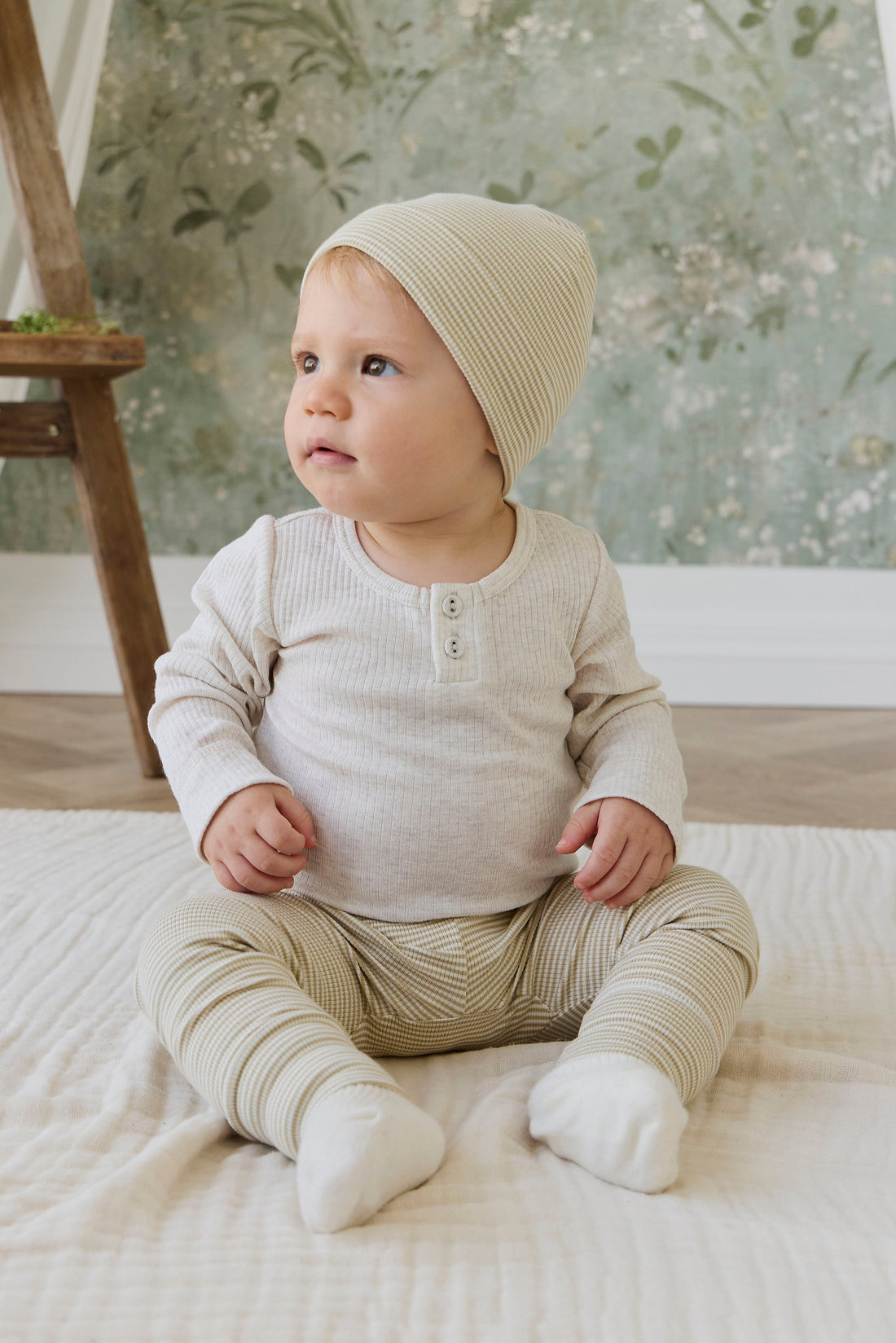 Organic Cotton Fine Rib Wiley Legging - Petite Stripe Hay/Cloud Childrens Legging from Jamie Kay USA