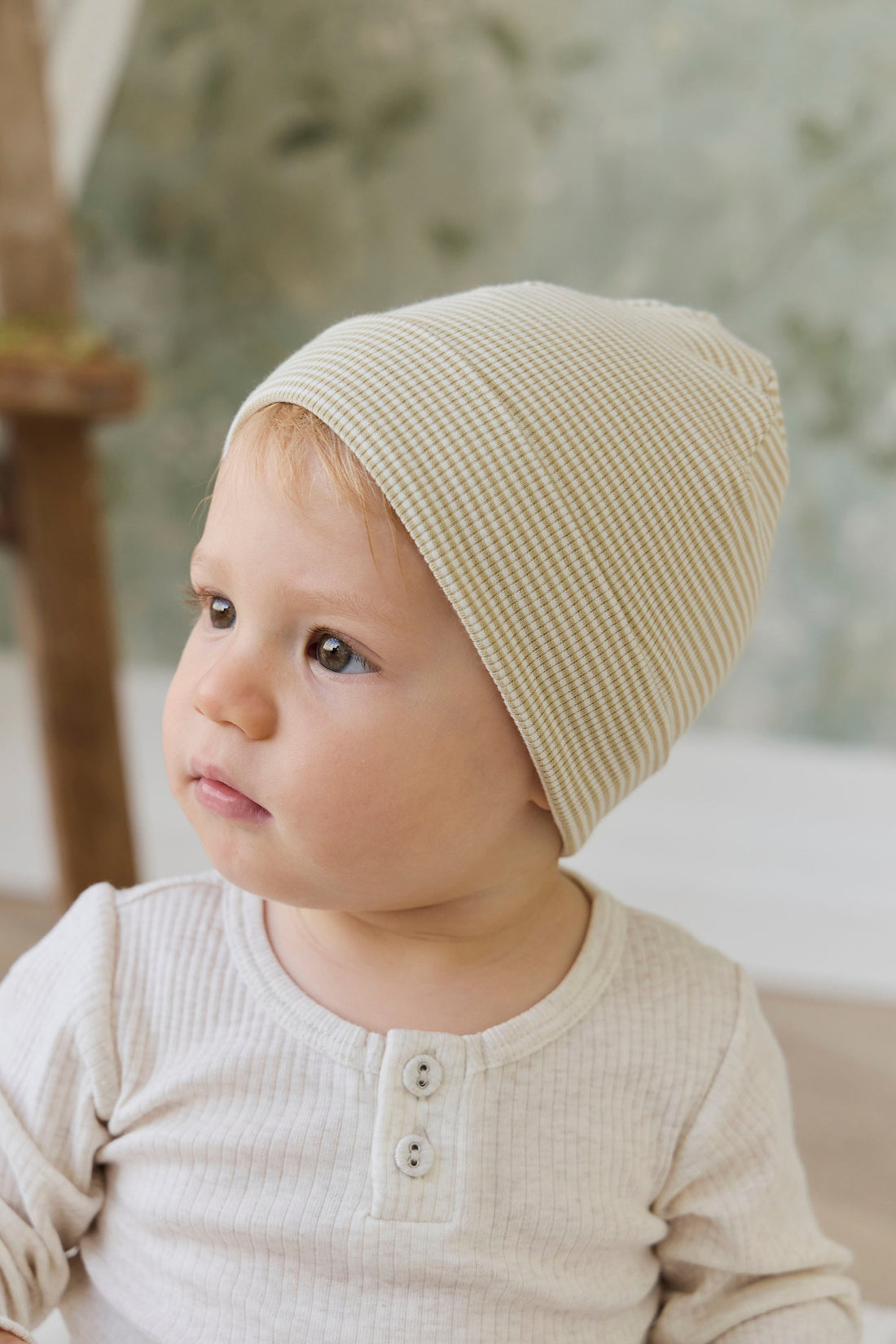 Organic Cotton Fine Rib Micah Beanie - Petite Stripe Hay/Cloud Childrens Hat from Jamie Kay USA