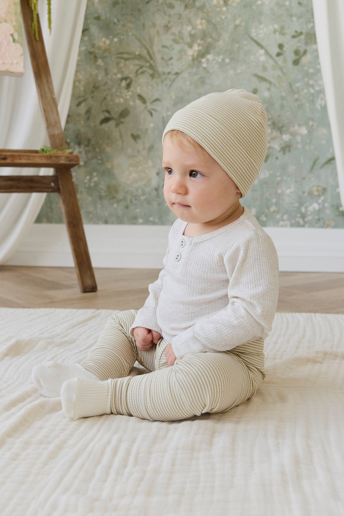 Organic Cotton Fine Rib Wiley Legging - Petite Stripe Hay/Cloud Childrens Legging from Jamie Kay USA