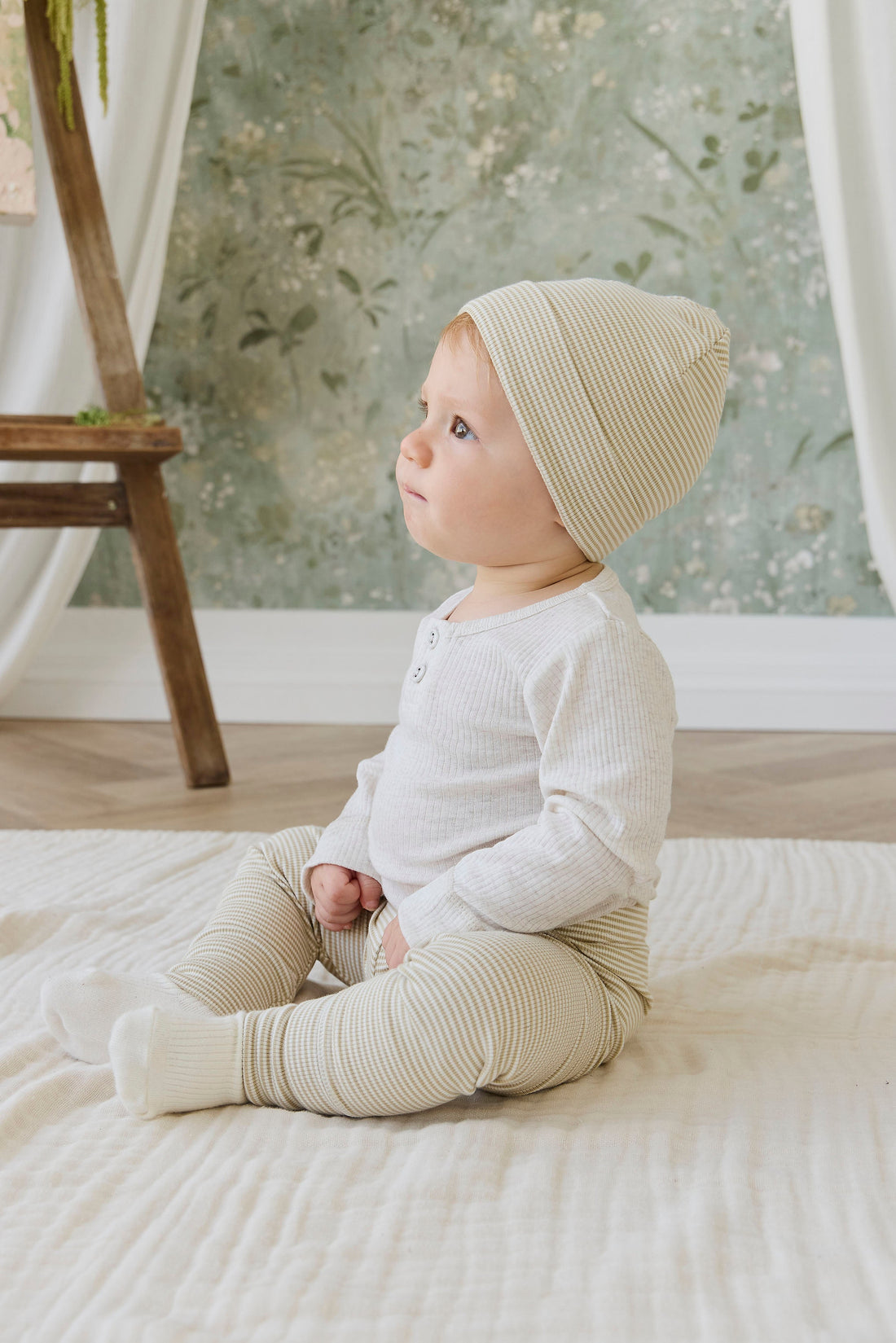 Organic Cotton Fine Rib Micah Beanie - Petite Stripe Hay/Cloud Childrens Hat from Jamie Kay USA