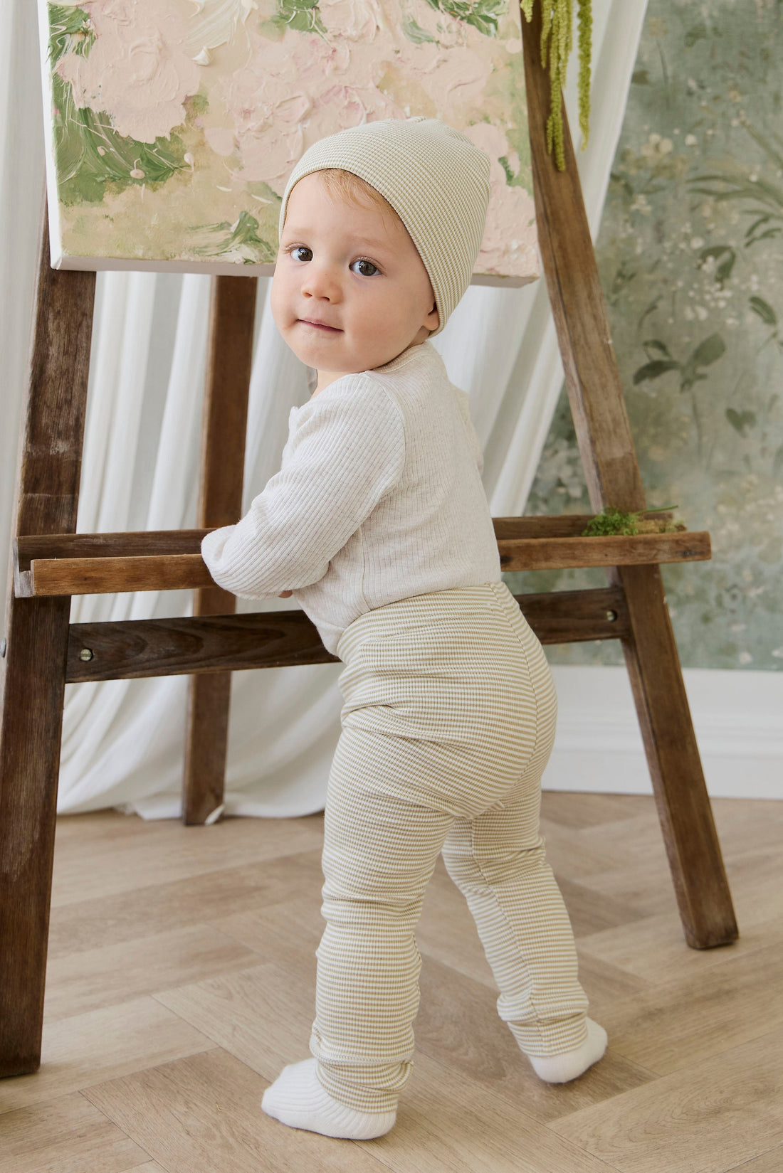 Organic Cotton Fine Rib Wiley Legging - Petite Stripe Hay/Cloud Childrens Legging from Jamie Kay USA