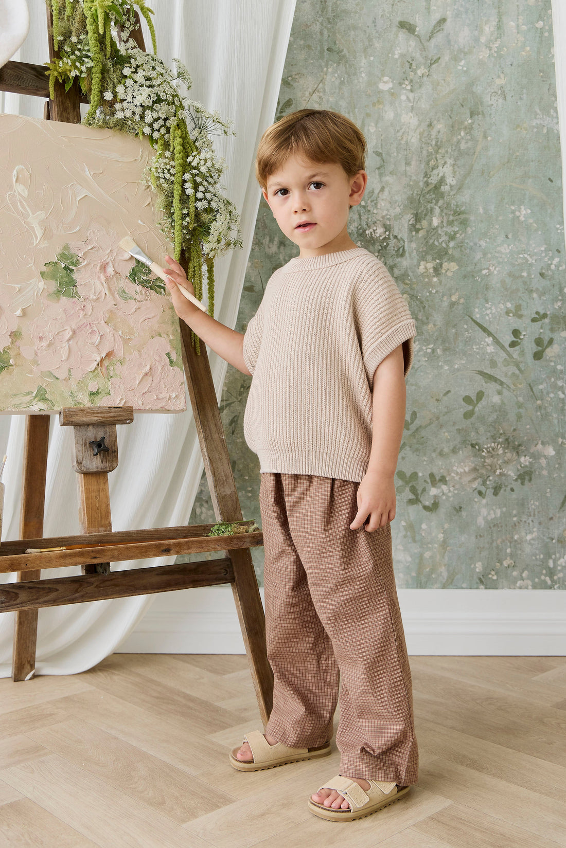 Organic Cotton Kenji Pant - Double Windowpane Check Oud/Hay Childrens Pant from Jamie Kay USA