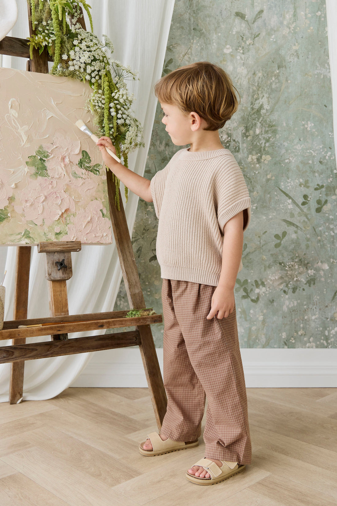 Organic Cotton Kenji Pant - Double Windowpane Check Oud/Hay Childrens Pant from Jamie Kay USA