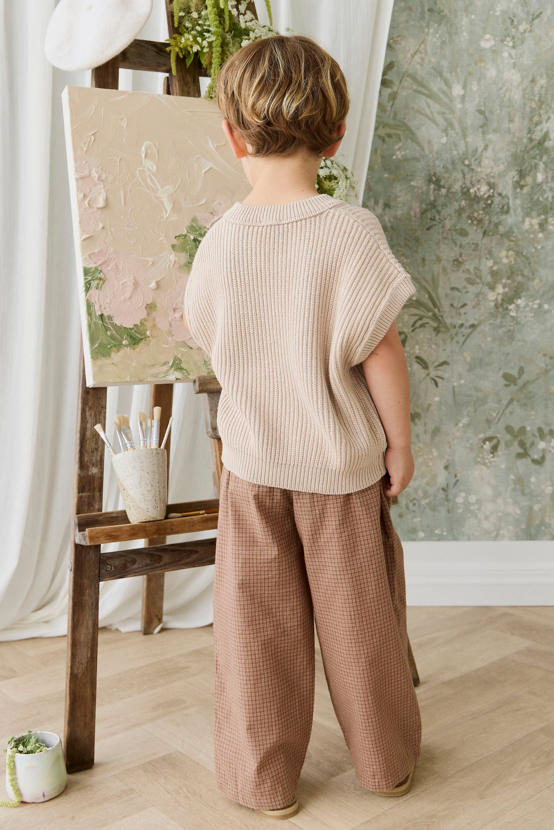 Organic Cotton Kenji Pant - Double Windowpane Check Oud/Hay Childrens Pant from Jamie Kay USA