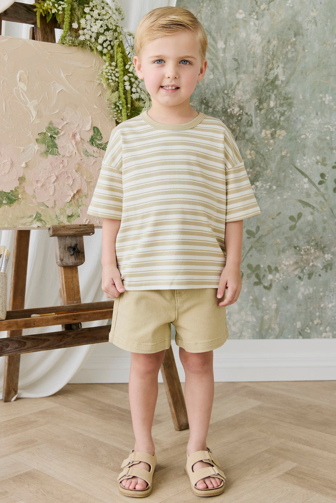 Pima Cotton Wesley Tee - Double Stripe Hay/Cloud Childrens Top from Jamie Kay USA