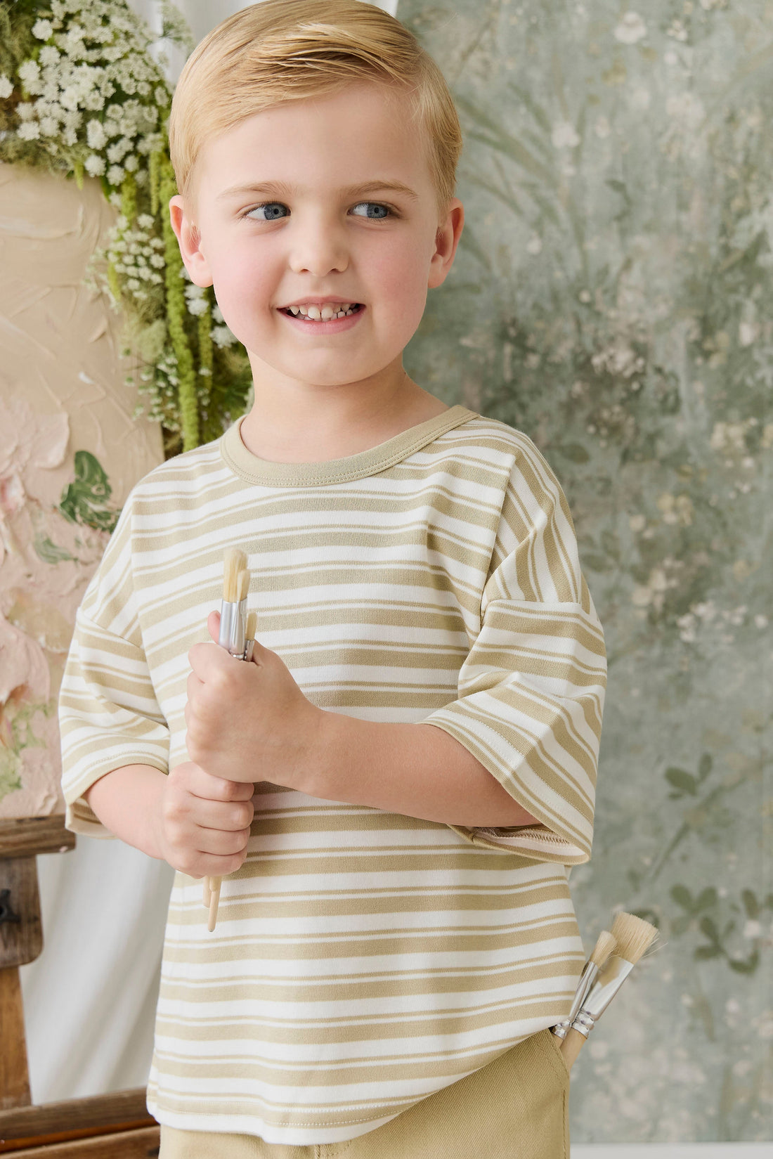 Pima Cotton Wesley Tee - Double Stripe Hay/Cloud Childrens Top from Jamie Kay USA
