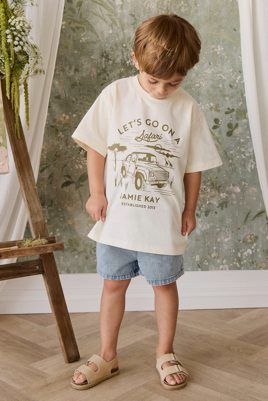 Organic Cotton Bjorn Tee - Parchment Safari Truck Childrens Top from Jamie Kay USA