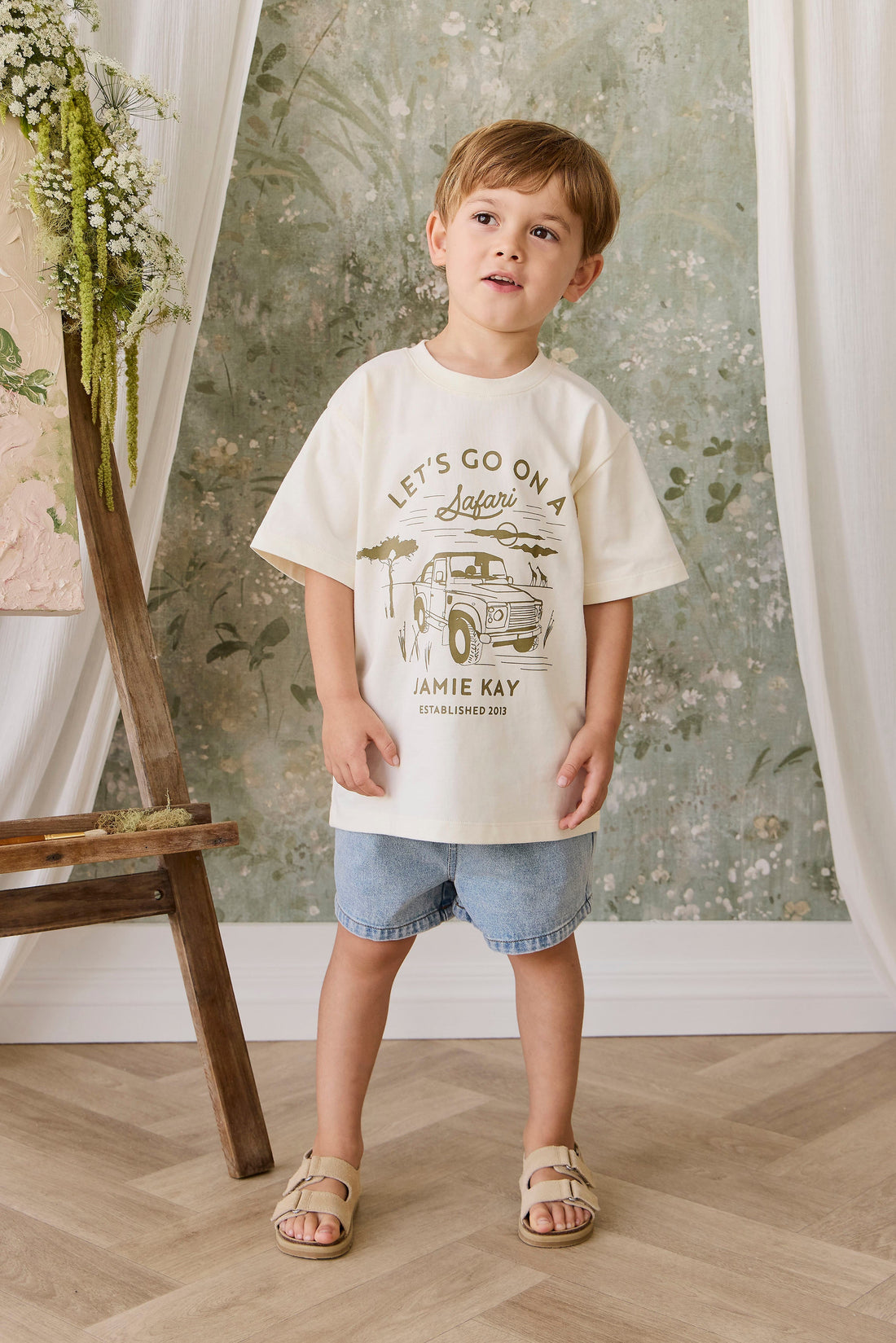 Organic Cotton Bjorn Tee - Parchment Safari Truck Childrens Top from Jamie Kay USA
