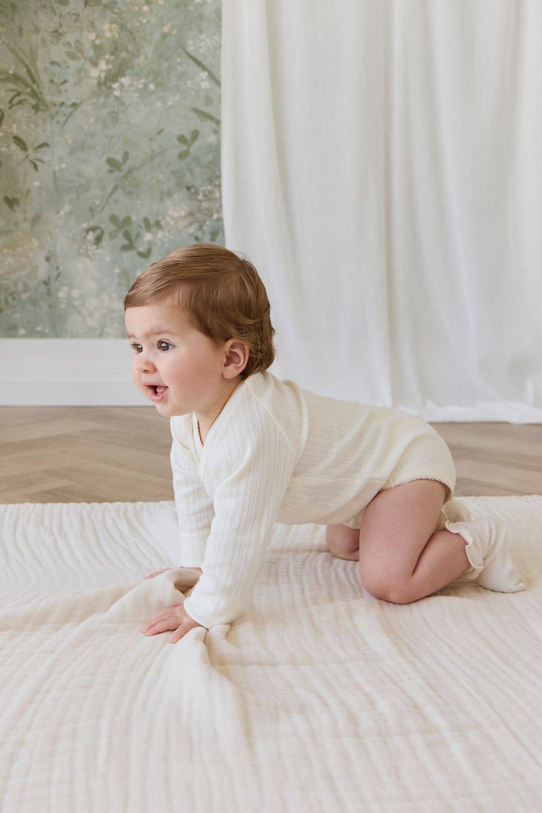 Organic Cotton Pointelle Marina Bodysuit - Parchment Childrens Bodysuit from Jamie Kay USA