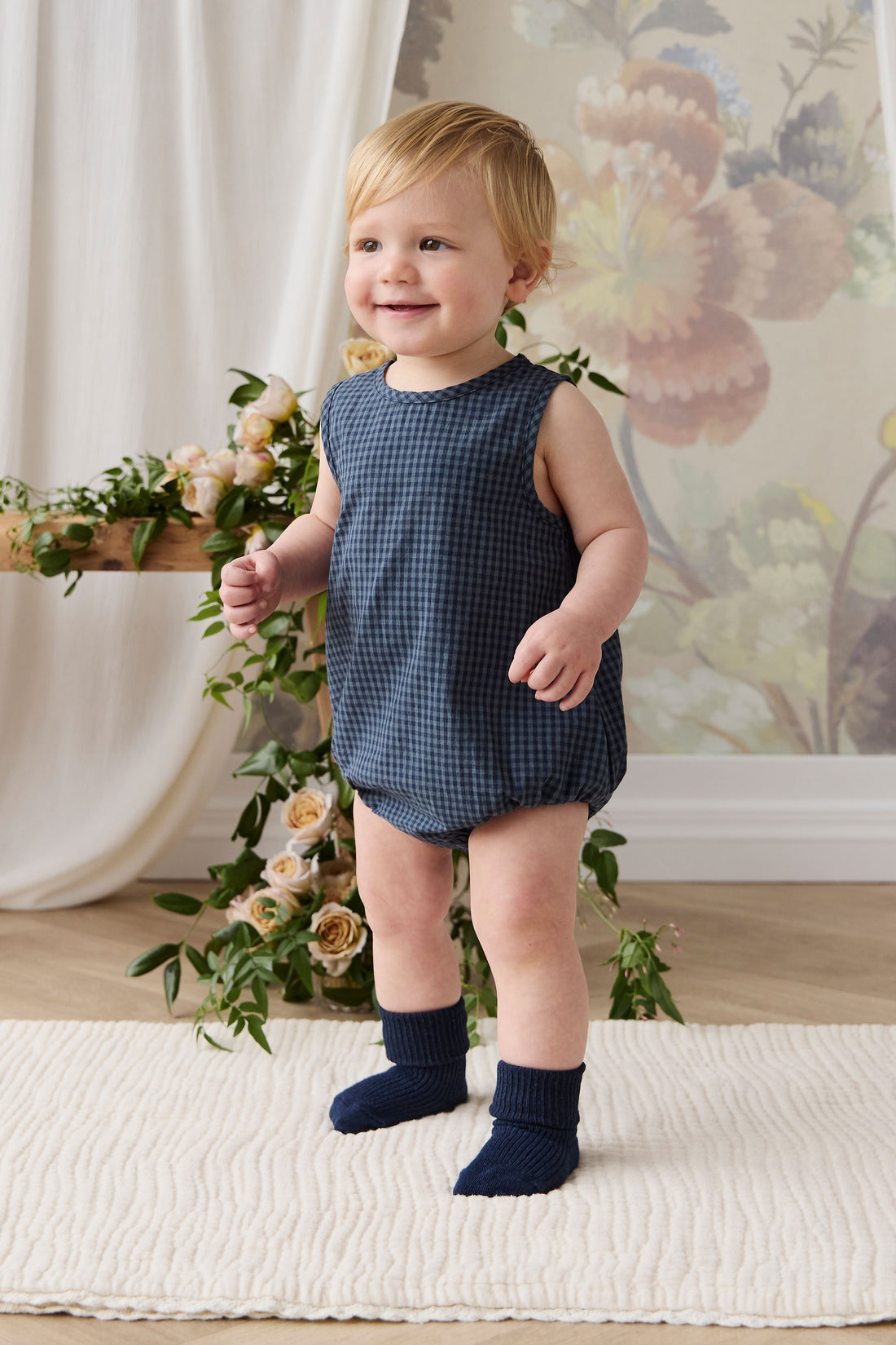 Organic Cotton Bentley Playsuit - Tiny Gingham Maritime Childrens Playsuit from Jamie Kay USA