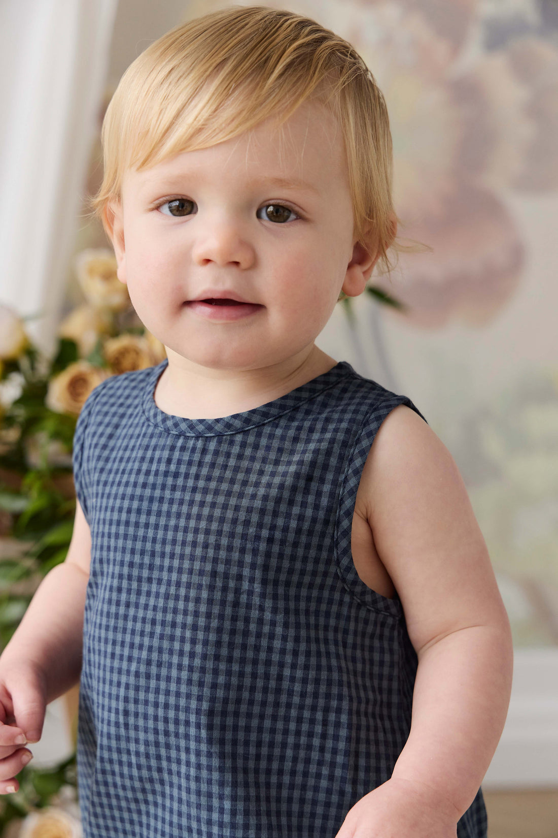 Organic Cotton Bentley Playsuit - Tiny Gingham Maritime Childrens Playsuit from Jamie Kay USA