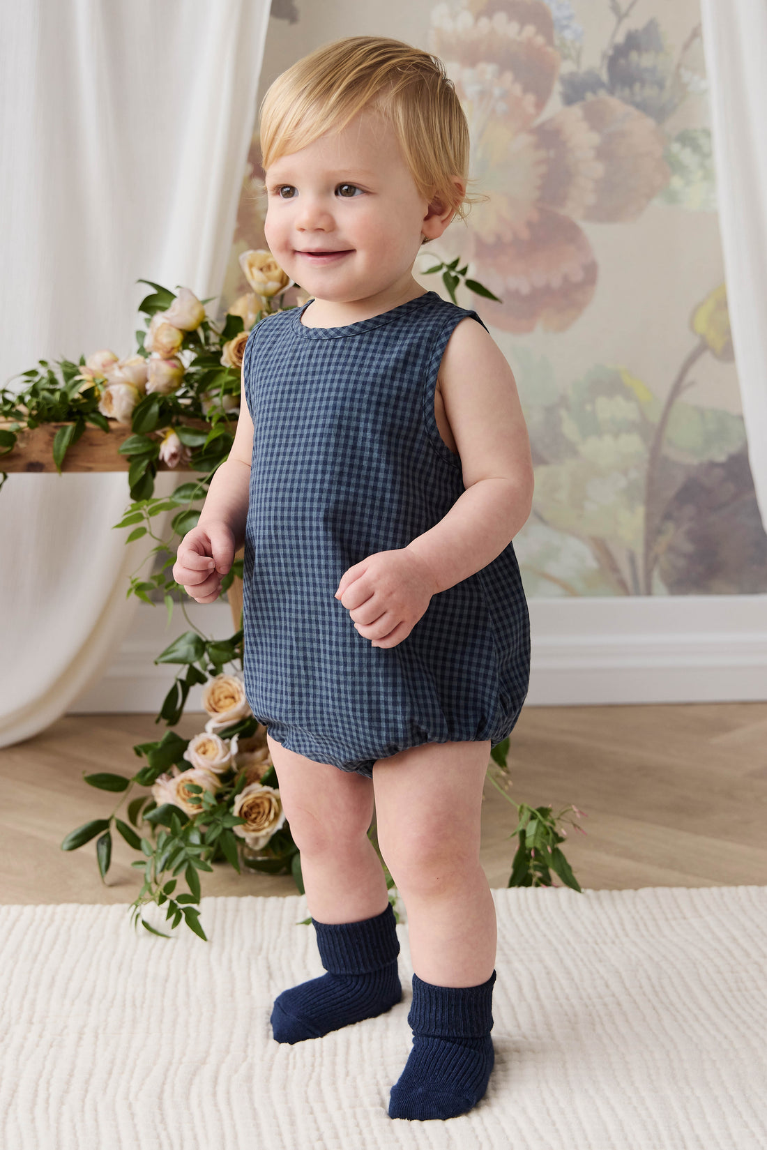 Organic Cotton Bentley Playsuit - Tiny Gingham Maritime Childrens Playsuit from Jamie Kay USA