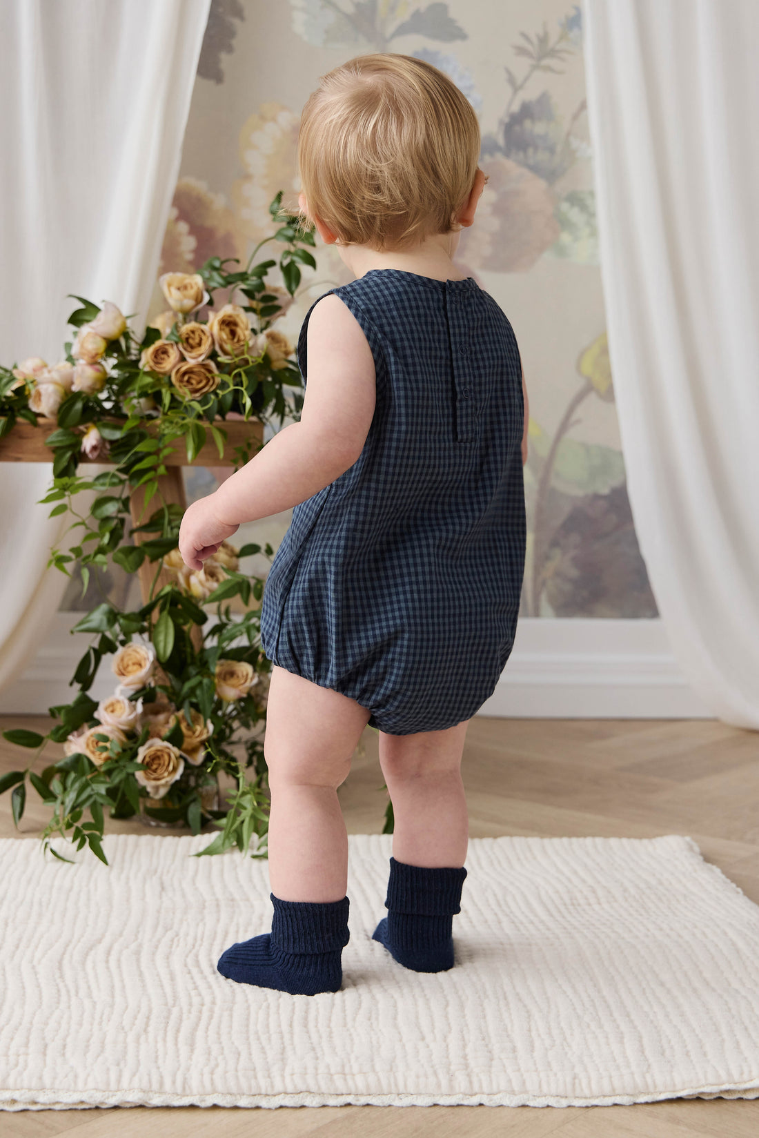 Organic Cotton Bentley Playsuit - Tiny Gingham Maritime Childrens Playsuit from Jamie Kay USA