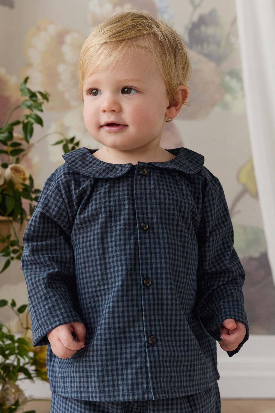 Organic Cotton Gabriel Top - Tiny Gingham Maritime Childrens Top from Jamie Kay USA