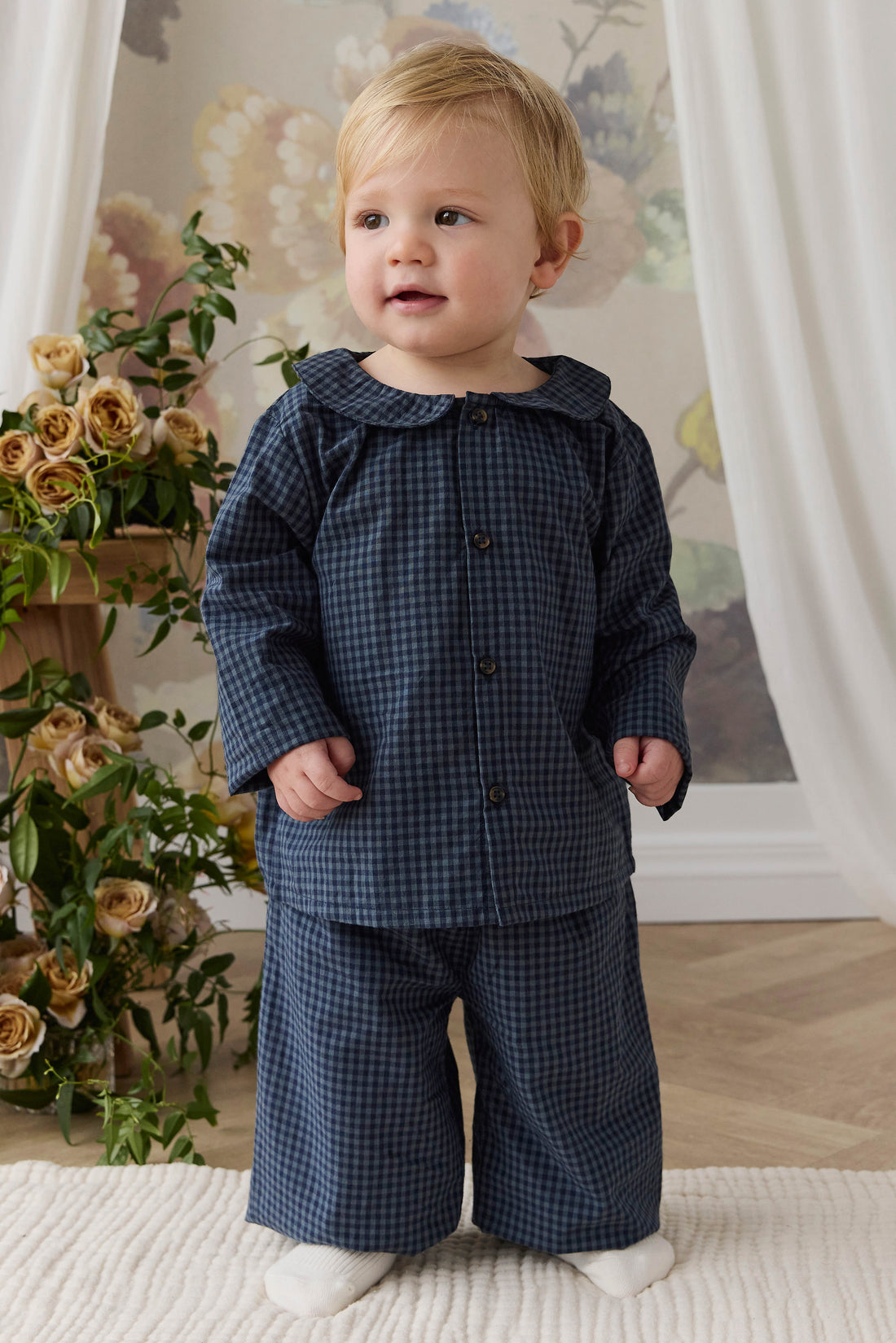 Organic Cotton Gabriel Top - Tiny Gingham Maritime Childrens Top from Jamie Kay USA
