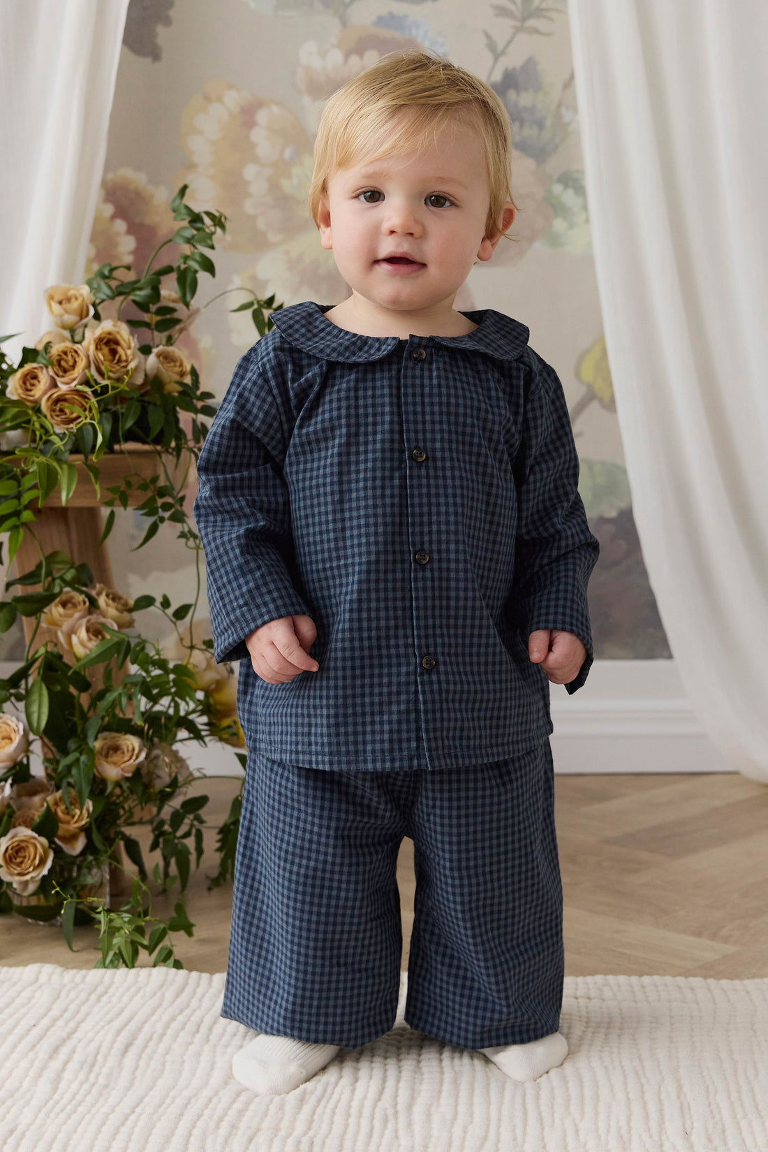 Organic Cotton Gabriel Top - Tiny Gingham Maritime Childrens Top from Jamie Kay USA