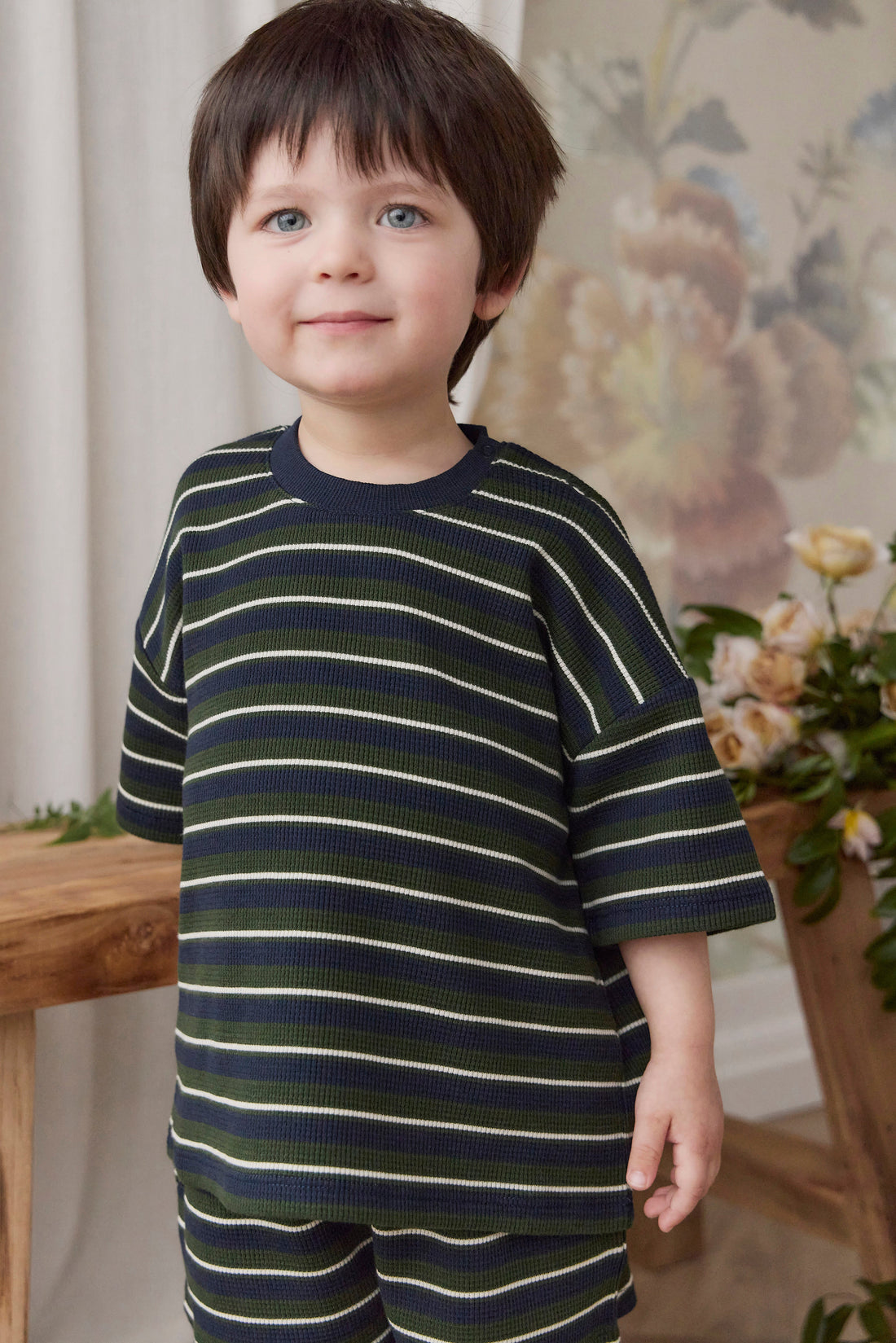 Organic Cotton Waffle Leith Tee - Maritime Grandeur Stripe Childrens Top from Jamie Kay USA