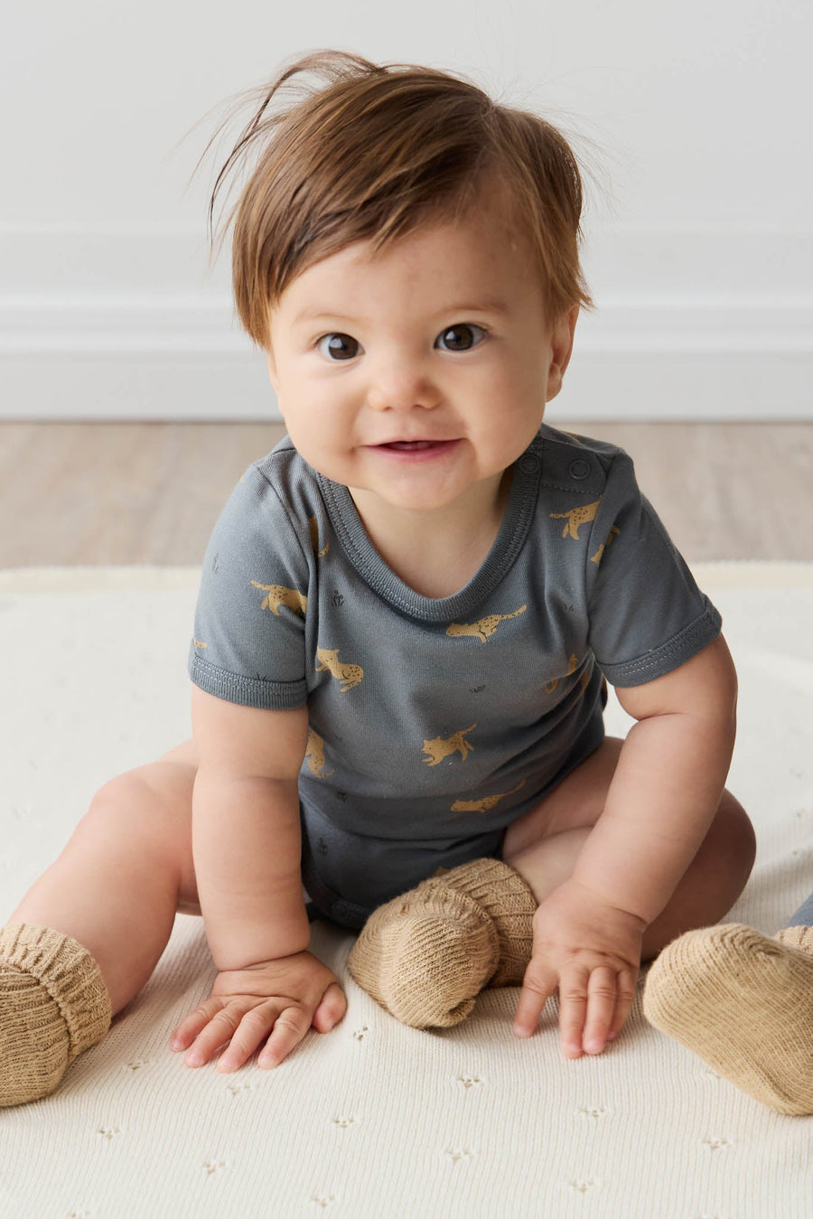 Organic Cotton Hudson Short Sleeve Bodysuit - Lenny Leopard Smoke Childrens Bodysuit from Jamie Kay USA