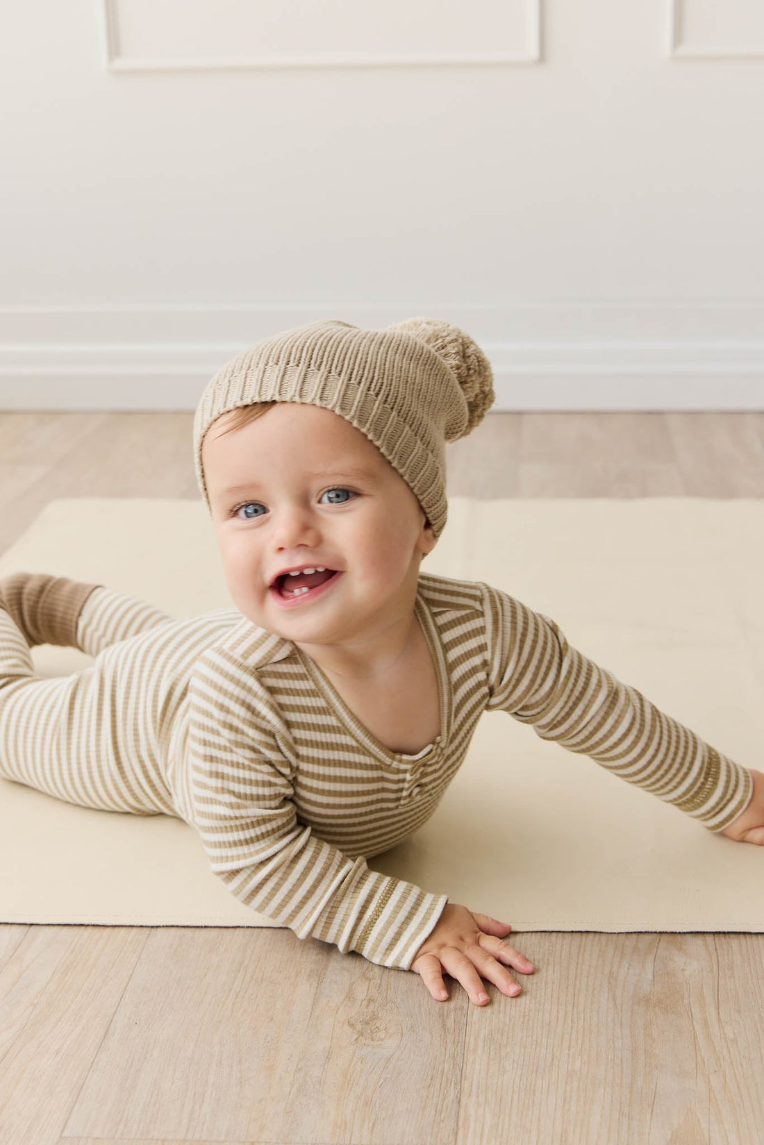 Organic Cotton Modal Long Sleeve Bodysuit - Narrow Stripe Balm/Cloud Childrens Bodysuit from Jamie Kay USA