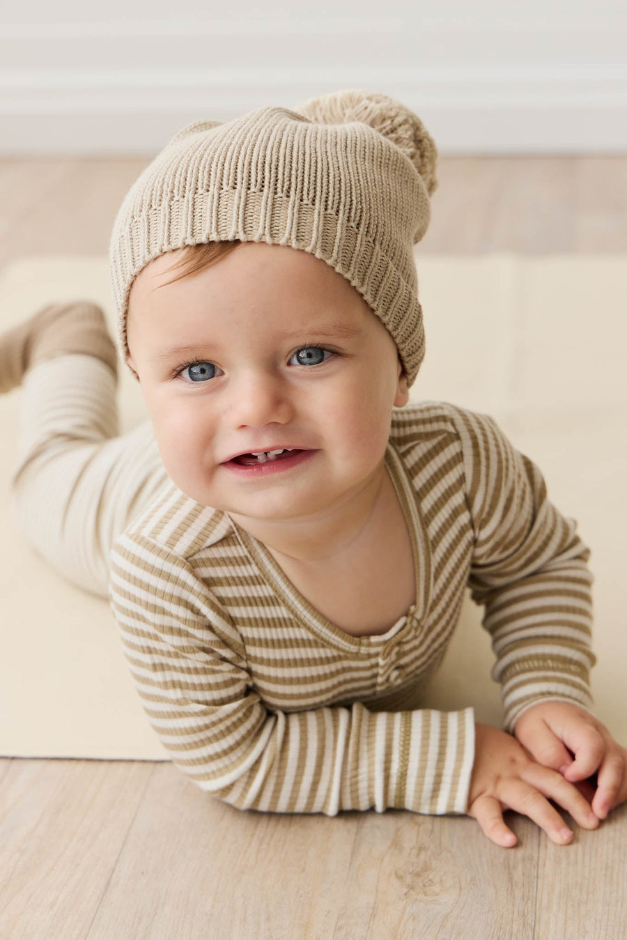 Organic Cotton Modal Long Sleeve Bodysuit - Narrow Stripe Balm/Cloud Childrens Bodysuit from Jamie Kay USA