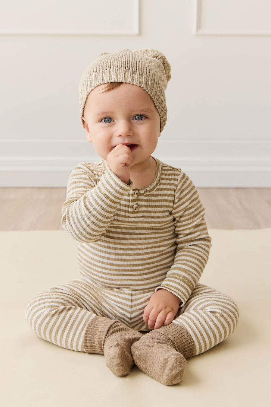 Organic Cotton Modal Legging - Narrow Stripe Balm/Cloud Childrens Legging from Jamie Kay USA