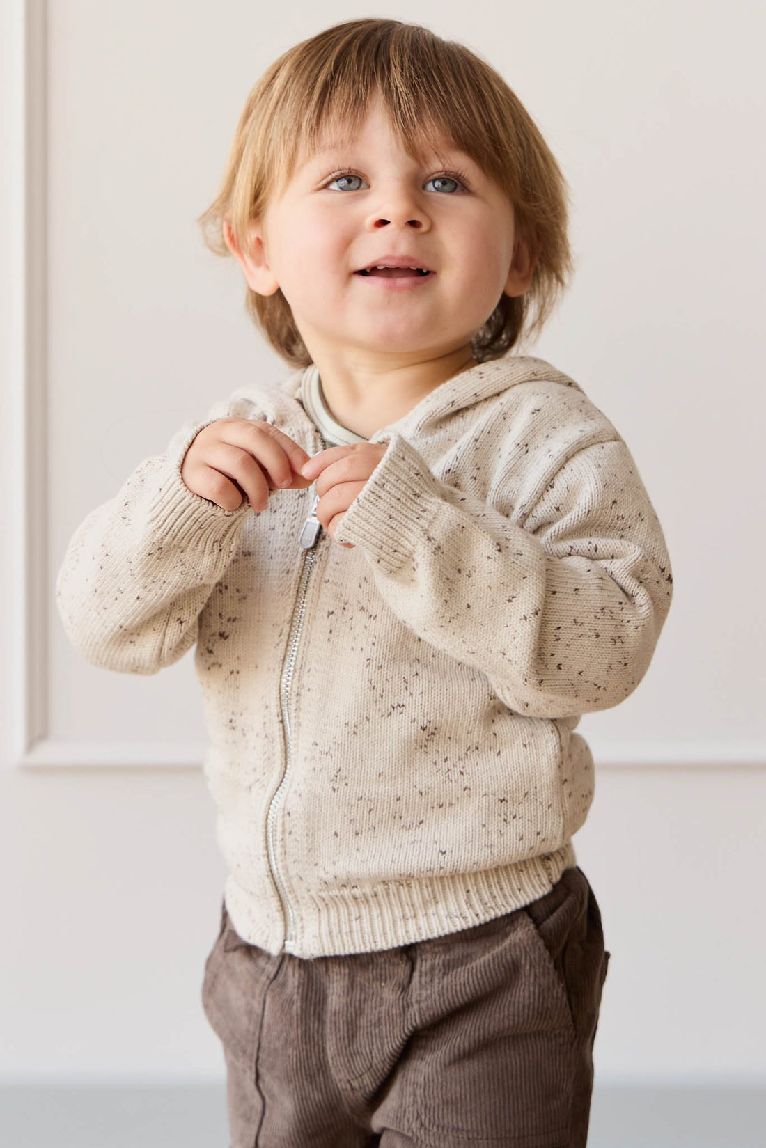Dillon Knit Zip Hoodie - Oatmeal Shitake Dot Childrens Jacket from Jamie Kay USA
