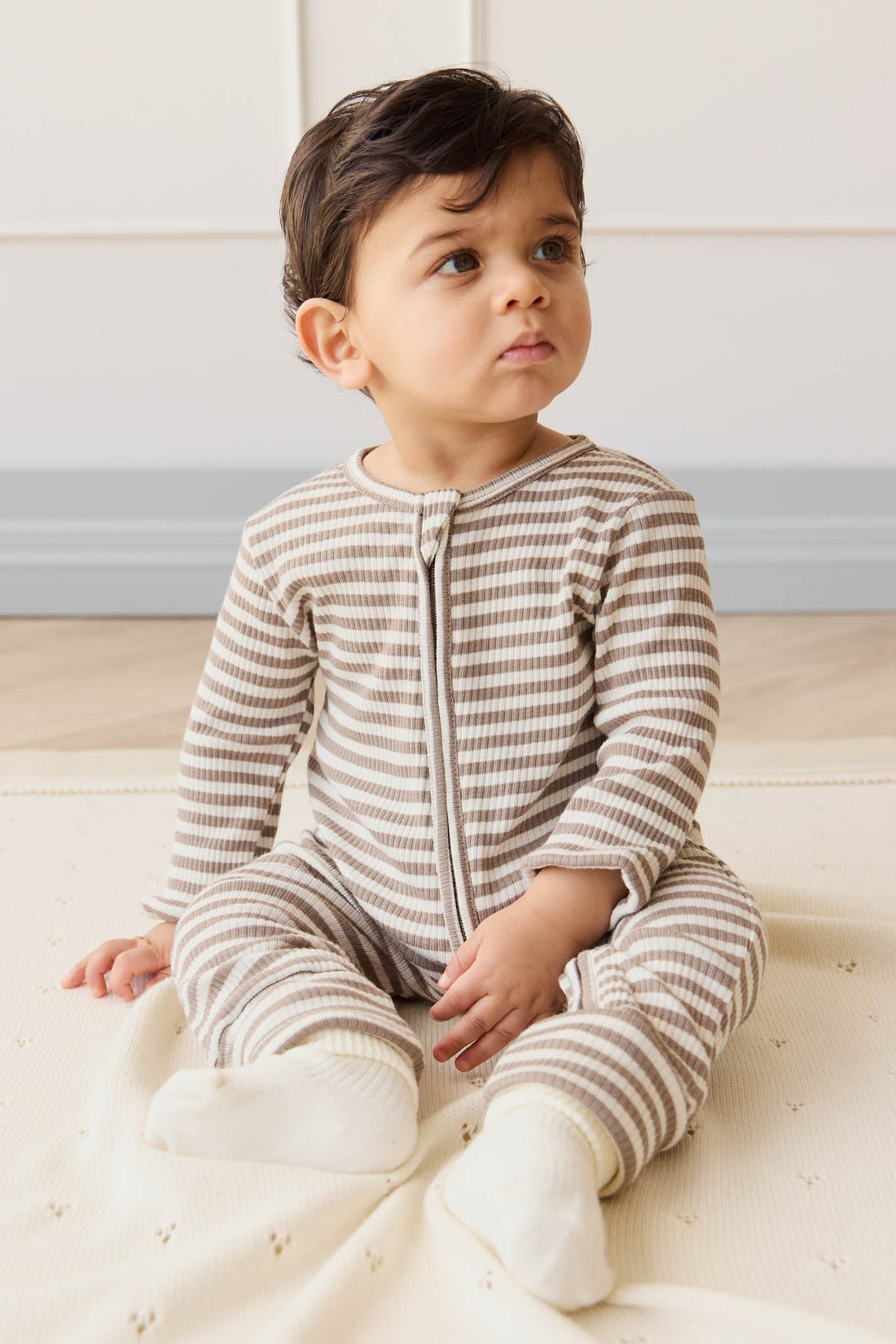 Organic Cotton Modal Gracelyn Onepiece - Narrow Stripe Tweed/Cloud Childrens Onepiece from Jamie Kay USA