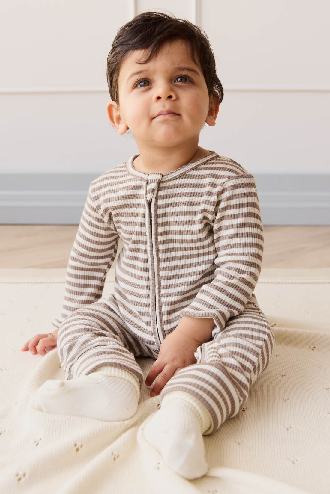 Organic Cotton Modal Gracelyn Onepiece - Narrow Stripe Tweed/Cloud Childrens Onepiece from Jamie Kay USA