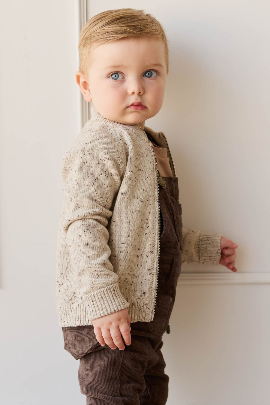Dean Knit Zip Jacket - Oatmeal Shitake Dot Childrens Jacket from Jamie Kay USA