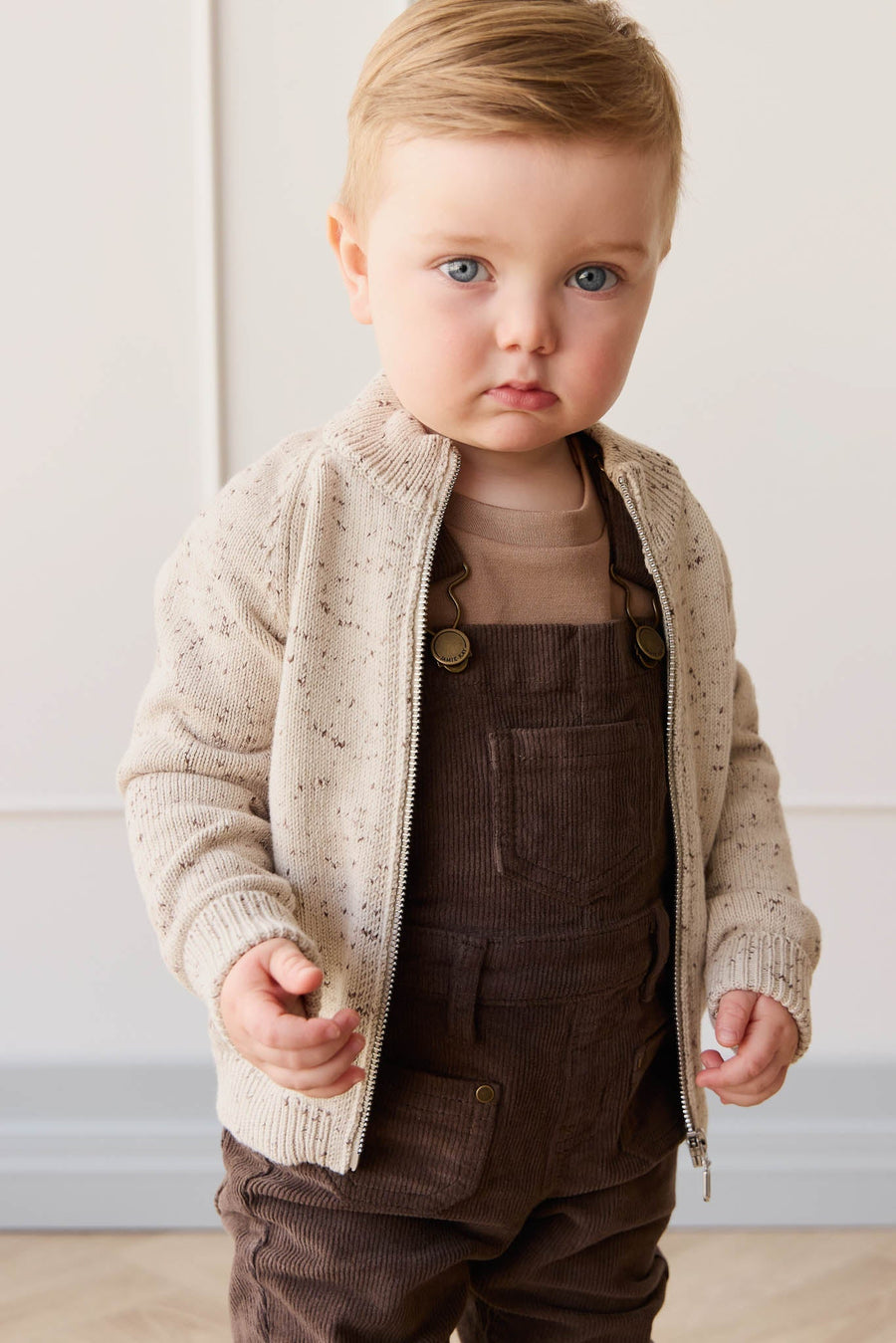 Dean Knit Zip Jacket - Oatmeal Shitake Dot Childrens Jacket from Jamie Kay USA