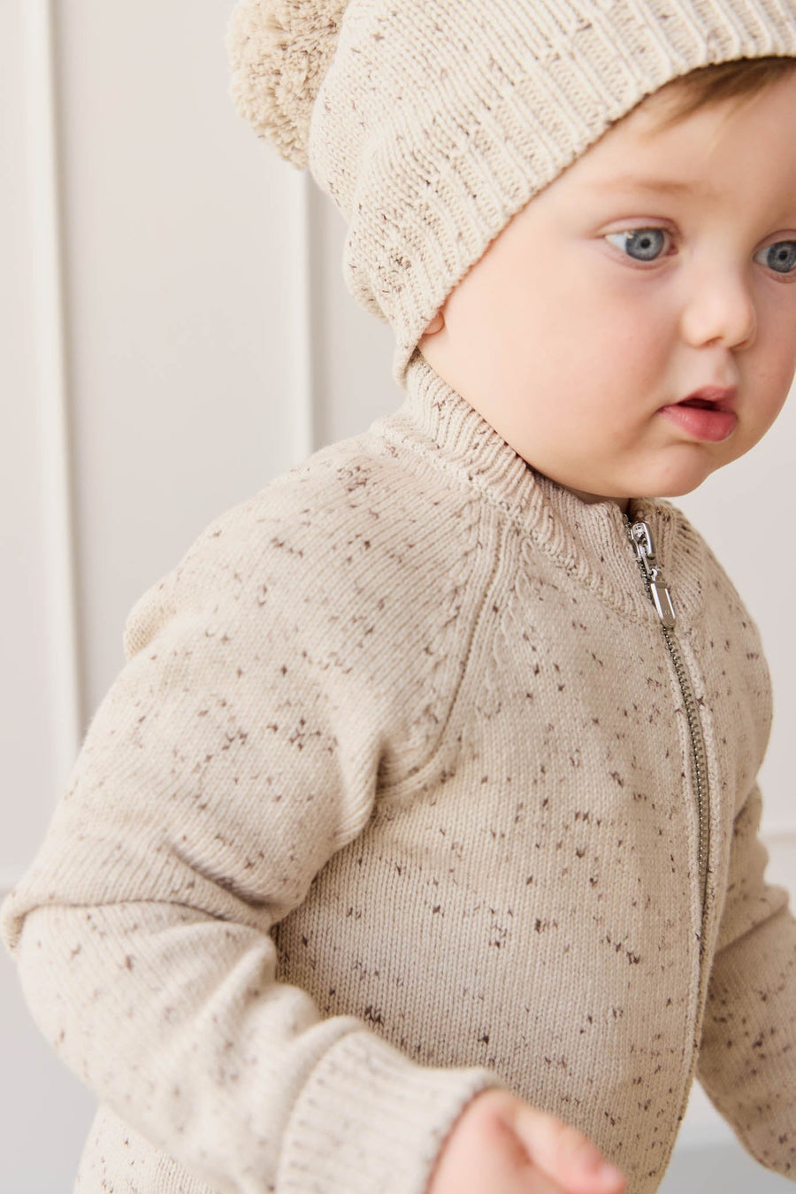 Dean Knit Zip Jacket - Oatmeal Shitake Dot Childrens Jacket from Jamie Kay USA