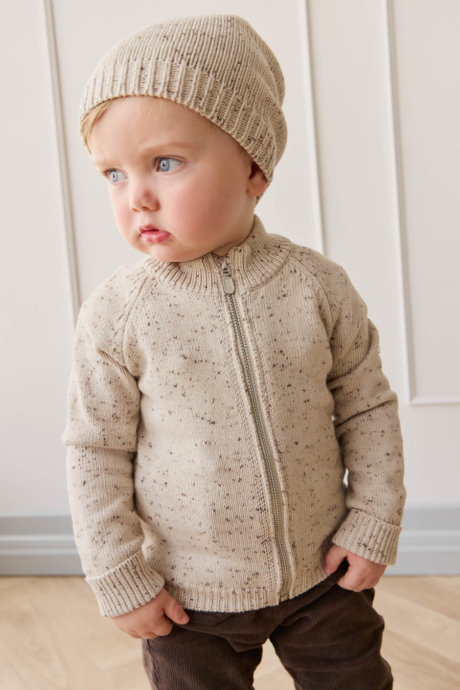 Dean Knit Zip Jacket - Oatmeal Shitake Dot Childrens Jacket from Jamie Kay USA