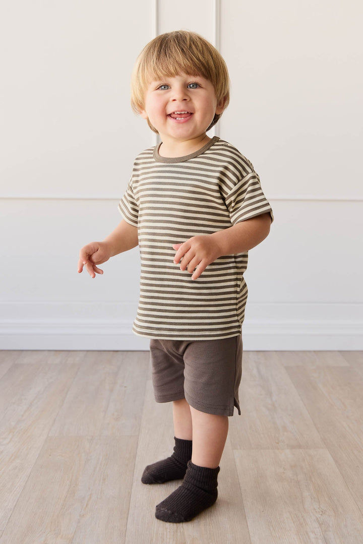 Pima Cotton Hunter Tee - Narrow Stripe Brownie/Biscuit Childrens Top from Jamie Kay USA