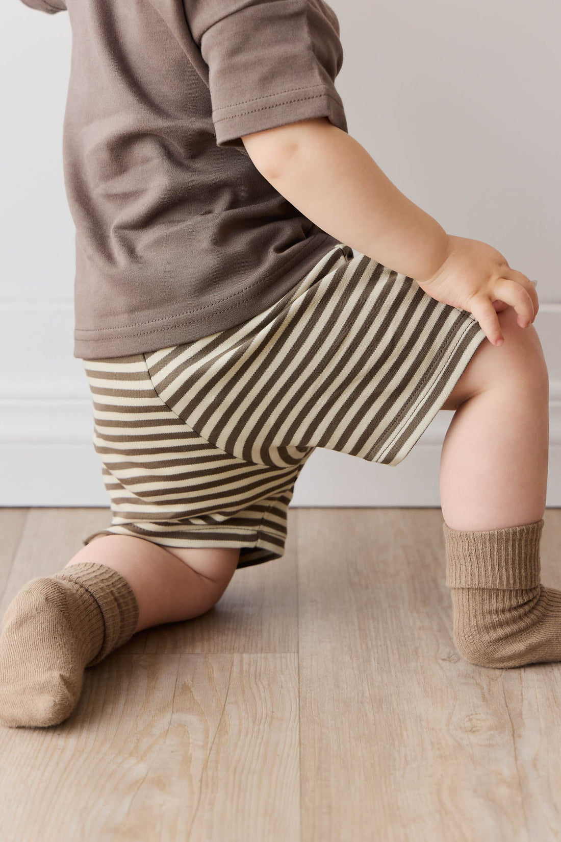 Pima Cotton Marley Short - Narrow Stripe Brownie/Biscuit Childrens Short from Jamie Kay USA