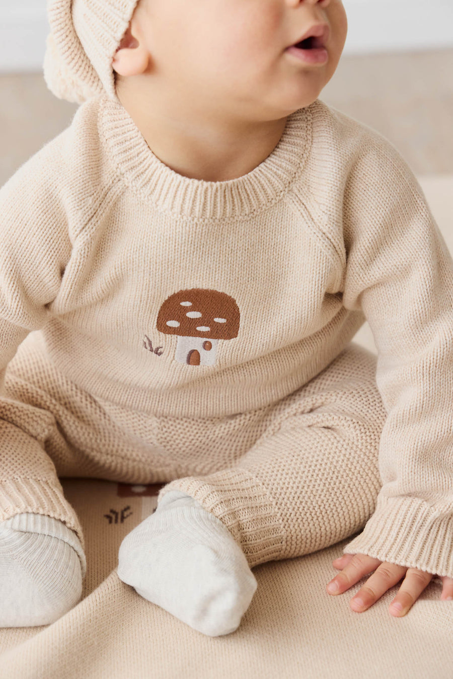 Ethan Jumper - Oatmeal Marle Jacquard Mushroom House Childrens Jumper from Jamie Kay USA