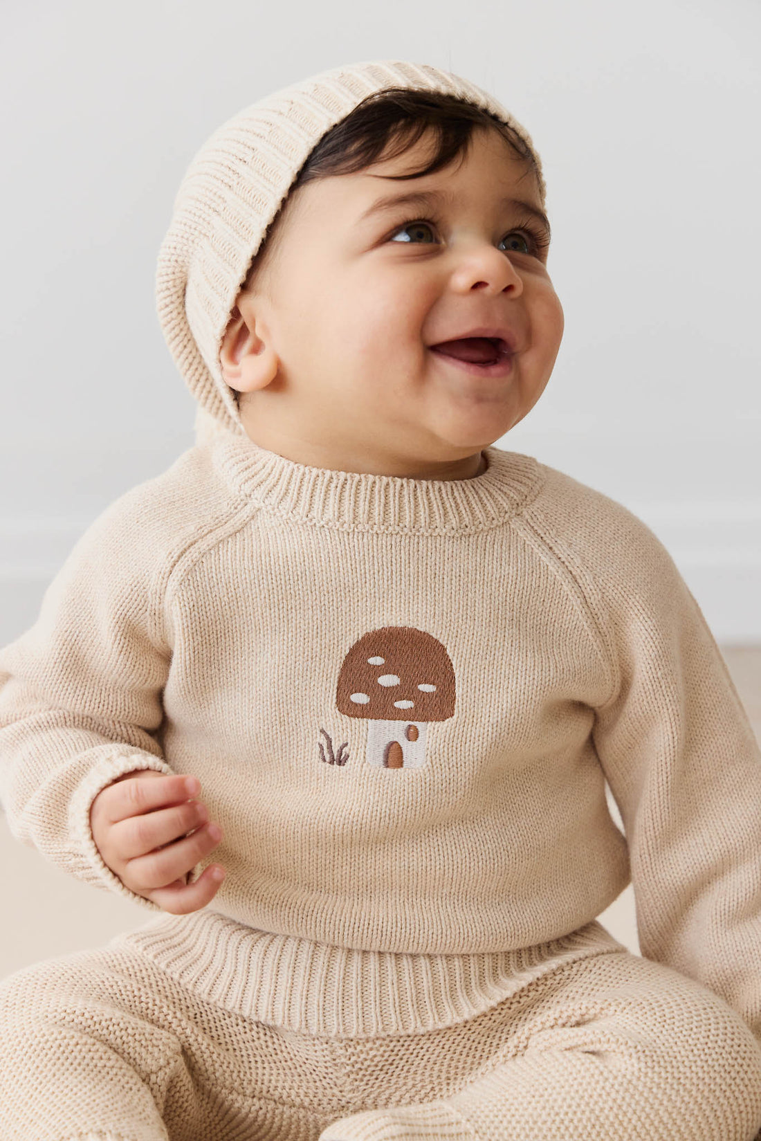 Ethan Jumper - Oatmeal Marle Jacquard Mushroom House Childrens Jumper from Jamie Kay USA