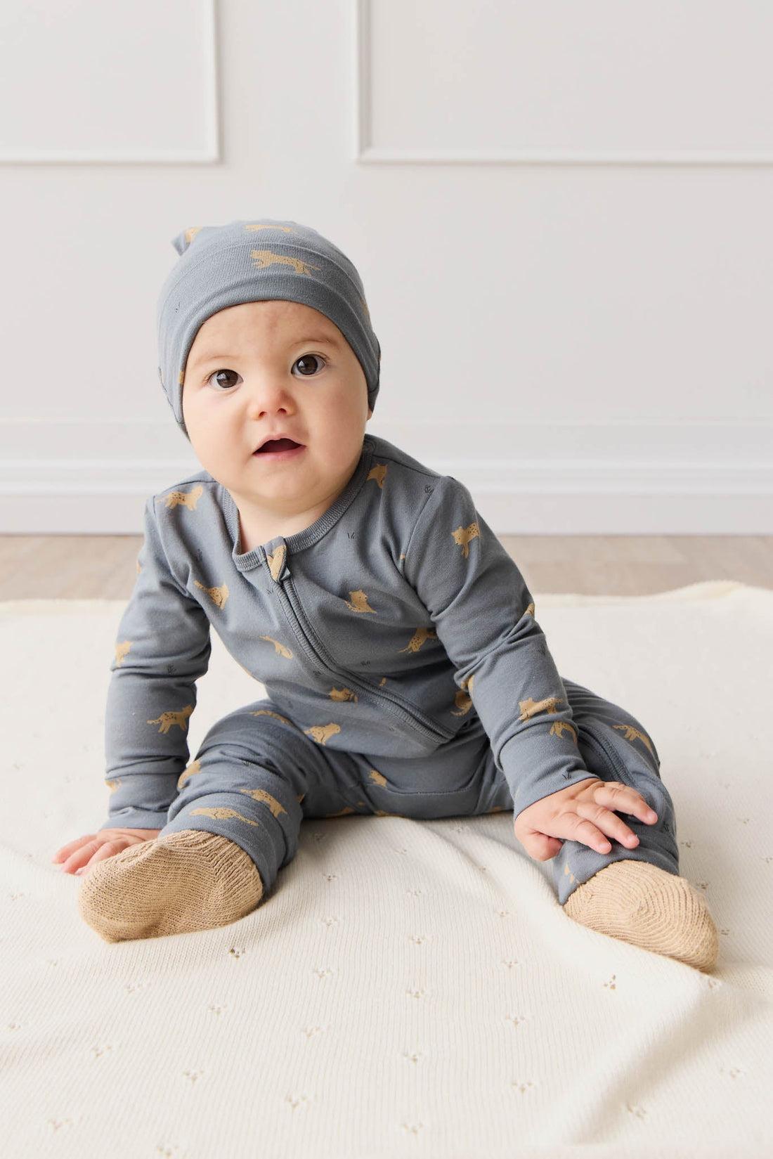 Organic Cotton Reese Zip Onepiece - Lenny Leopard Smoke Childrens Onepiece from Jamie Kay USA