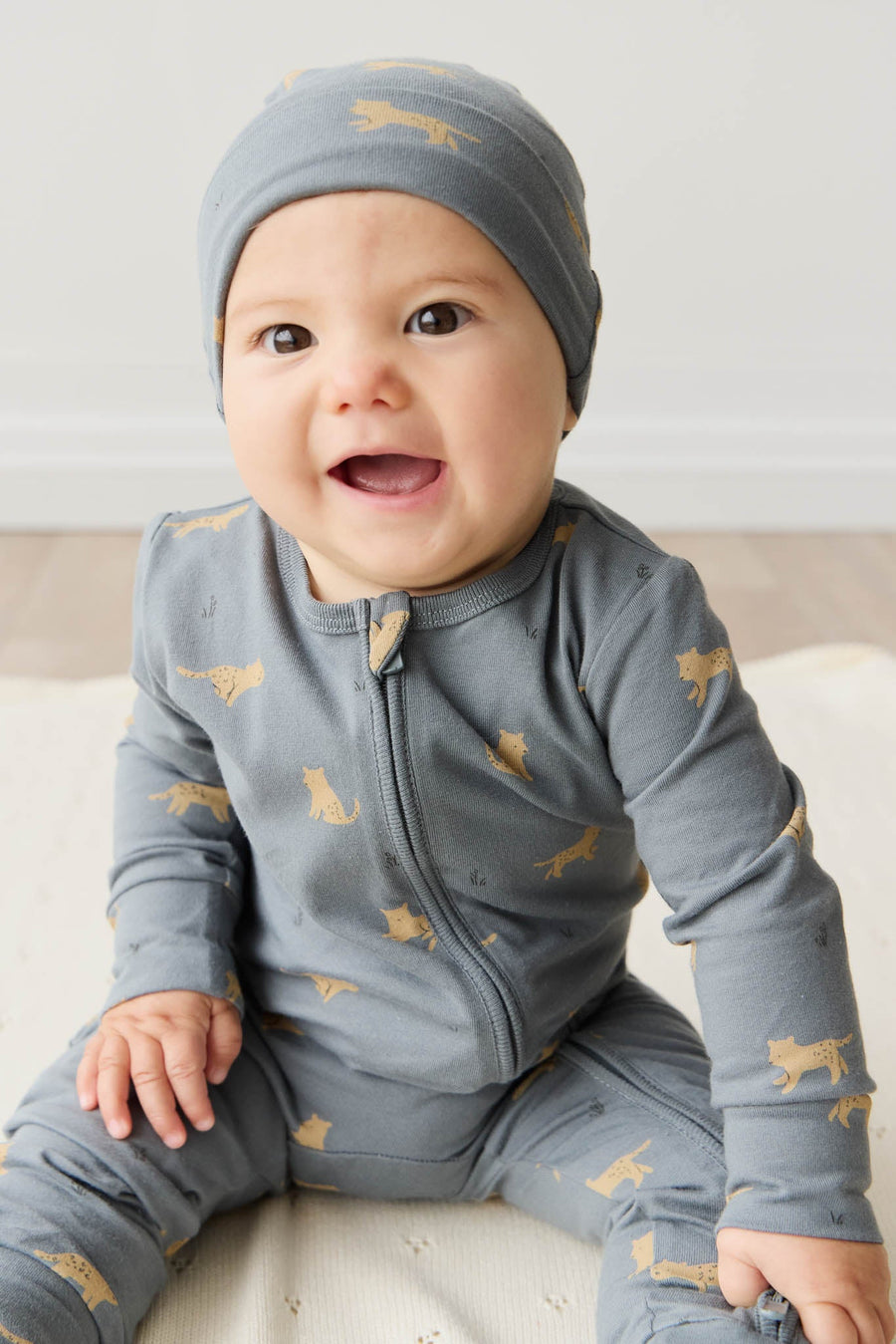 Organic Cotton Reese Zip Onepiece - Lenny Leopard Smoke Childrens Onepiece from Jamie Kay USA