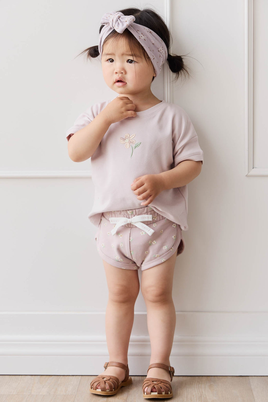 Organic Cotton Ivy Shortie - Simple Flowers Lilac Childrens Short from Jamie Kay USA