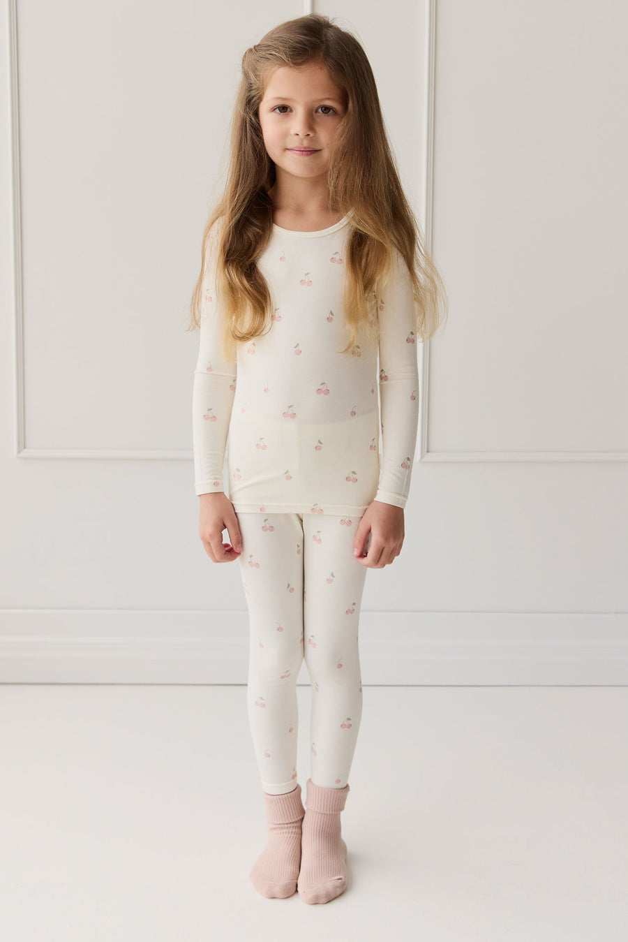 Bamboo Ari Long Sleeve Pyjama Set - Cherry Love Parchment Childrens Pyjama from Jamie Kay USA