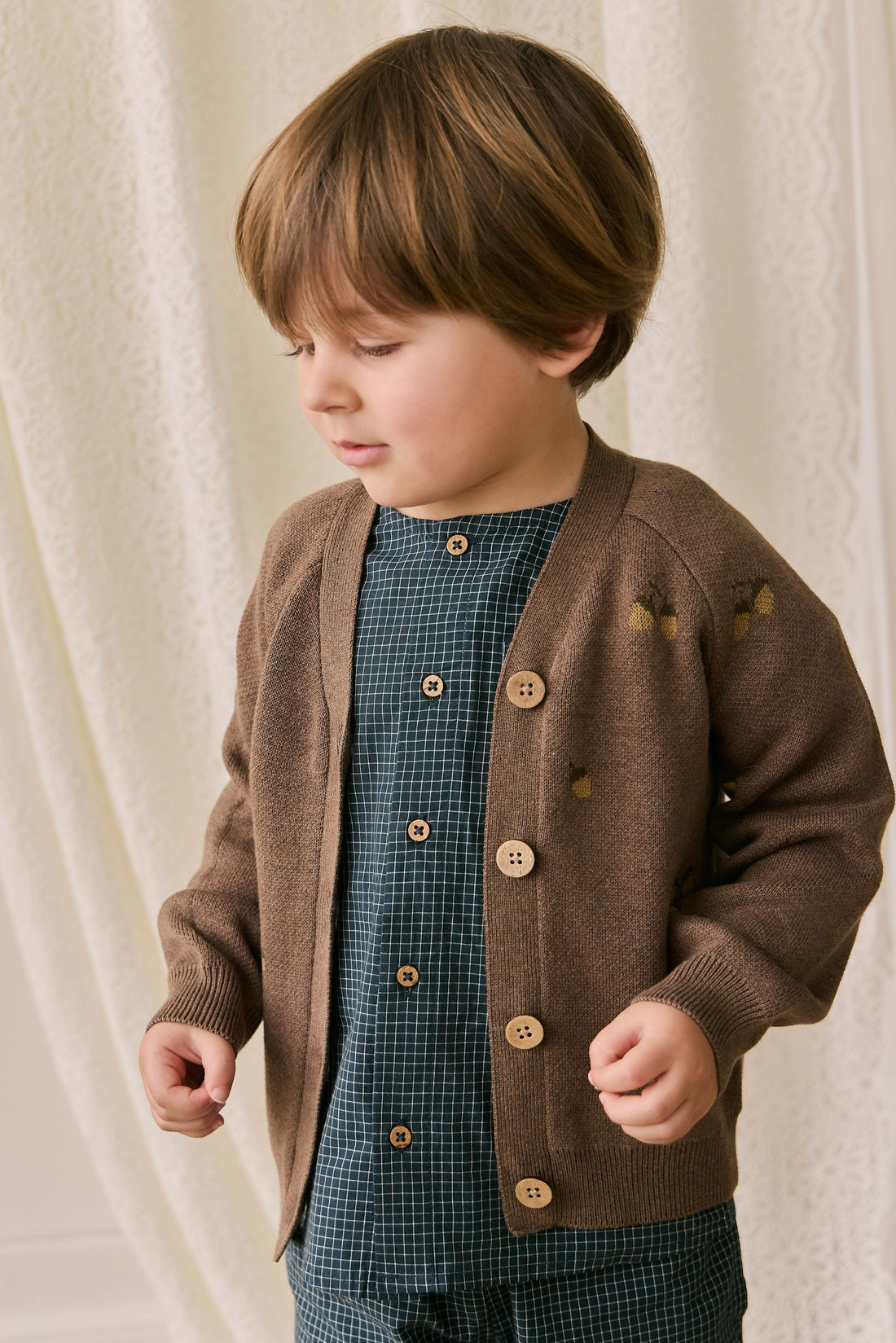 Easton Cardigan - Forest Acorns Toasted Marle Childrens Cardigan from Jamie Kay USA