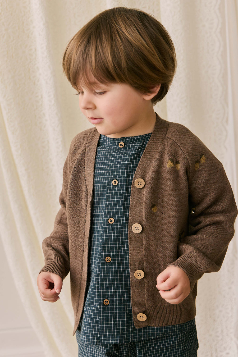 Easton Cardigan - Forest Acorns Toasted Marle Childrens Cardigan from Jamie Kay USA