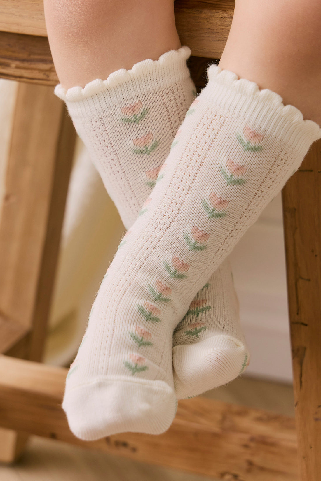 Ines Knee High Sock - Ines Floral Egret Childrens Sock from Jamie Kay USA